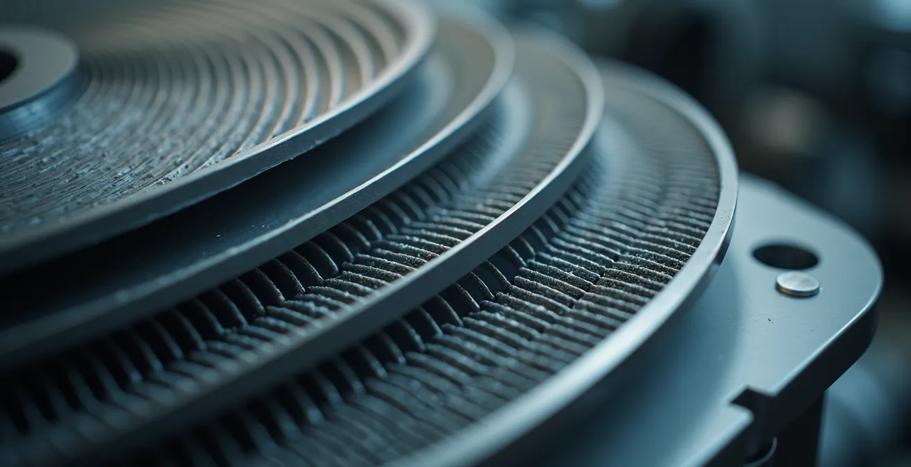 Vue macro du noyau thermique d'un échangeur d'air avec ses ailettes métalliques