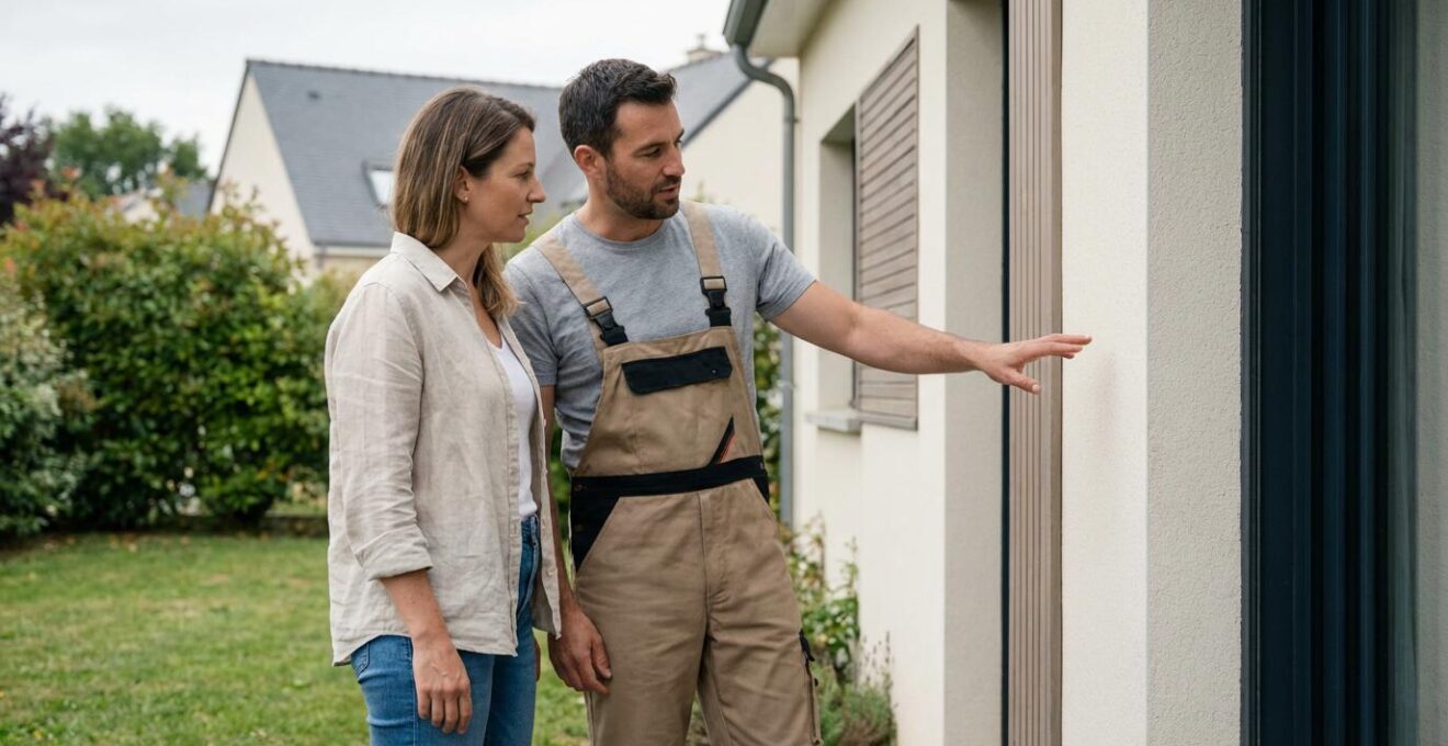Technicien et propriétaire discutant de l'emplacement optimal pour une pompe à chaleur