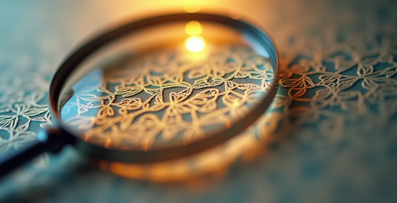 Vue macro d'une loupe examinant la texture d'un document avec motifs abstraits