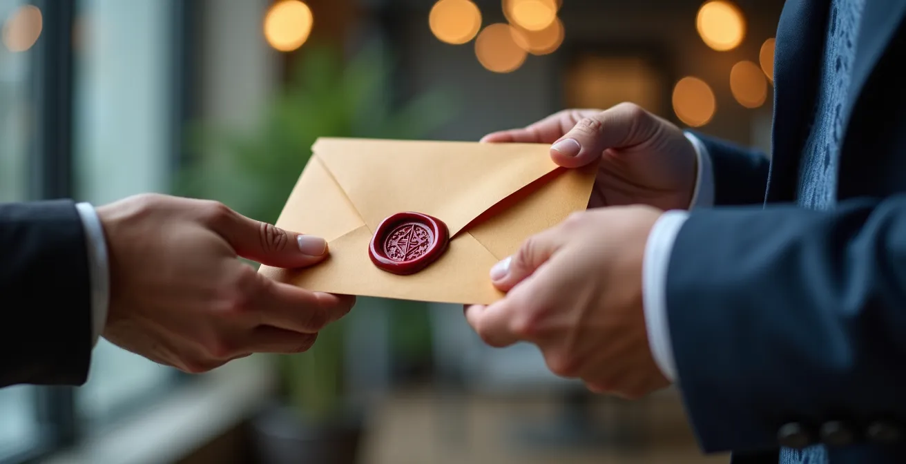Gros plan sur deux mains professionnelles échangeant un document avec sceau de garantie