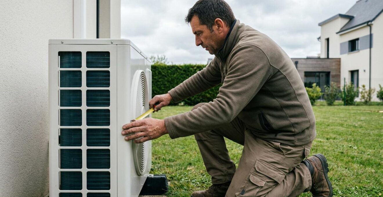 Technicien chauffagiste inspectant l'espace de dégagement autour d'une unité extérieure de pompe à chaleur