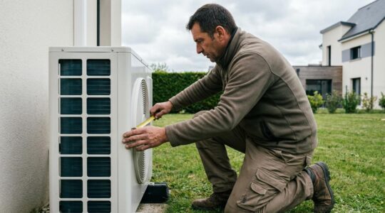 Technicien chauffagiste inspectant l'espace de dégagement autour d'une unité extérieure de pompe à chaleur