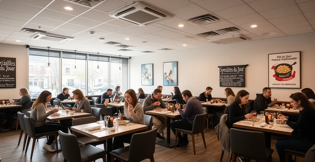 Intérieur de restaurant québécois climatisé avec clients confortablement attablés