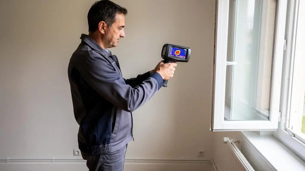 Diagnostiqueur énergétique utilisant une caméra thermique pour analyser les déperditions de chaleur dans une habitation