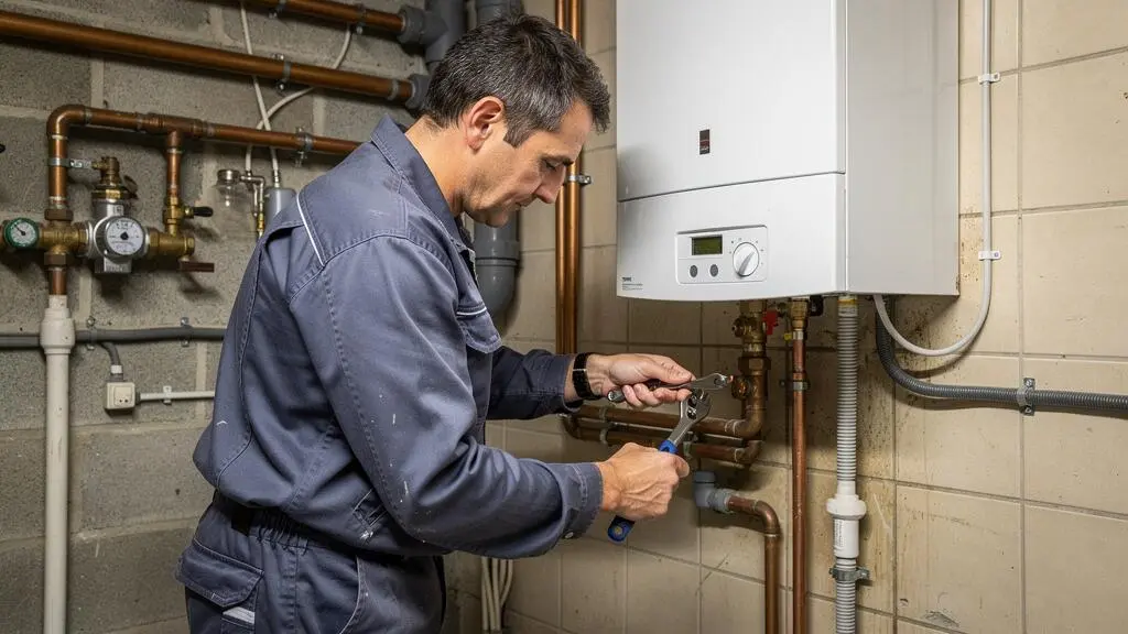 Technicien raccordant les tuyauteries d'une chaudière gaz à condensation murale dans une chaufferie domestique