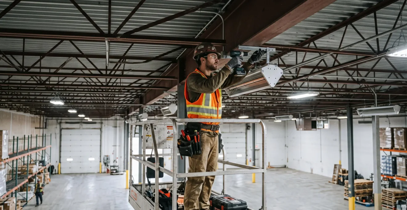 Technicien installant un système de chauffage radiant mural en hauteur dans un entrepôt commercial à haute structure métallique