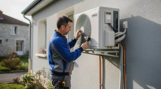 Technicien certifié installant une pompe à chaleur air-eau sur le mur extérieur d'une maison individuelle française