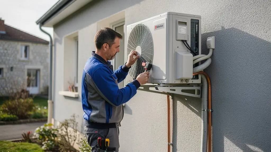 Technicien certifié installant une pompe à chaleur air-eau sur le mur extérieur d'une maison individuelle française