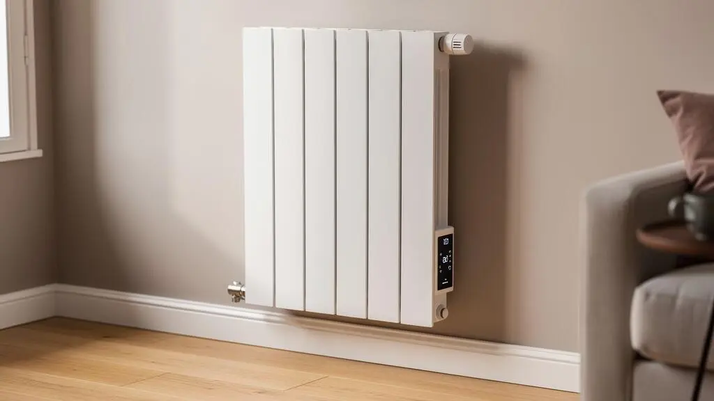 Radiateur moderne vertical blanc avec thermostat numérique installé dans un salon contemporain français