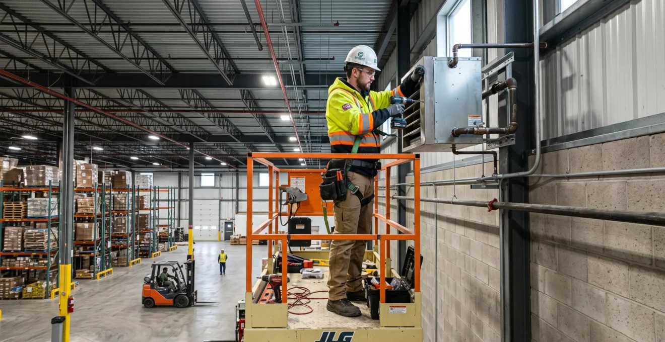 Technicien HVAC effectuant un contrôle technique avec un multimètre sur le panneau de commande d'une pompe à chaleur commerciale dans une salle mécanique