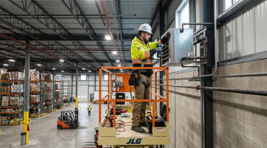 Technicien HVAC effectuant un contrôle technique avec un multimètre sur le panneau de commande d'une pompe à chaleur commerciale dans une salle mécanique