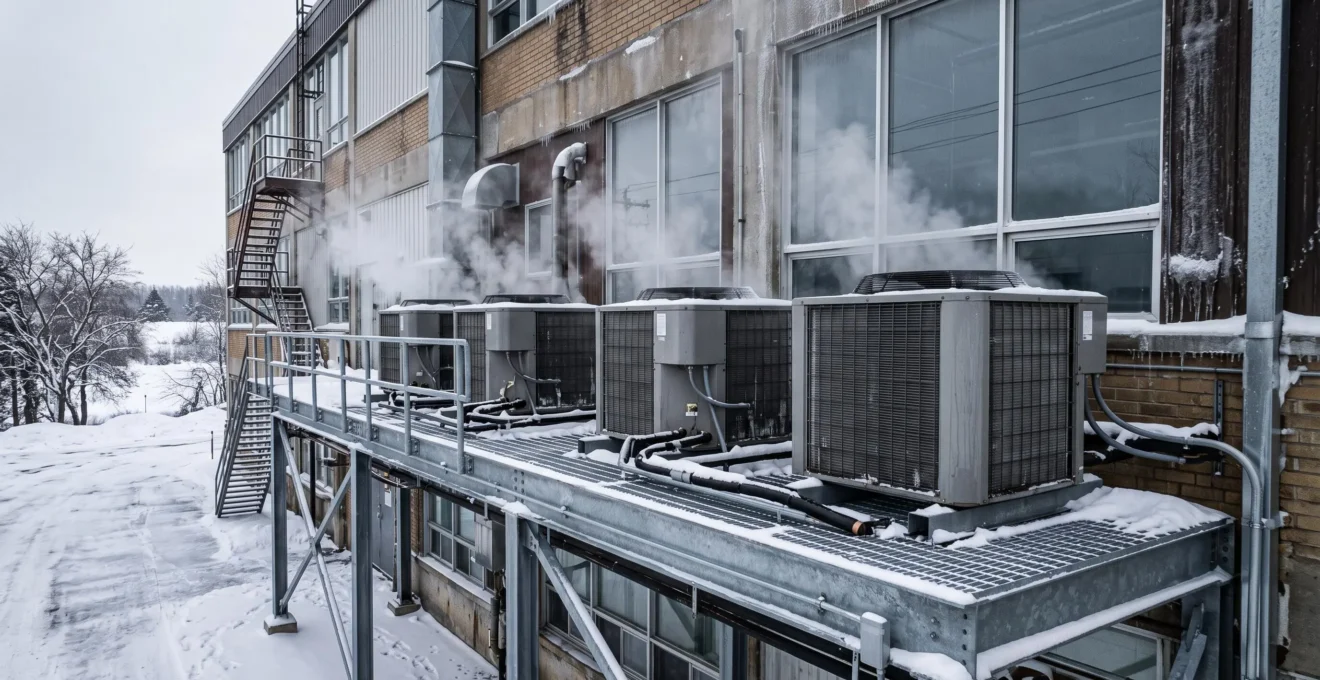 Unités extérieures de pompes à chaleur commerciales installées sur plateforme métallique d'un bâtiment industriel, en fonctionnement durant l'hiver canadien avec neige au sol