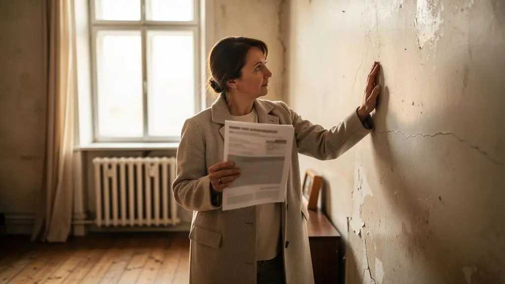 Une acheteuse examine le rapport de performance énergétique d'un logement tout en touchant un mur près d'une fenêtre pendant une visite.