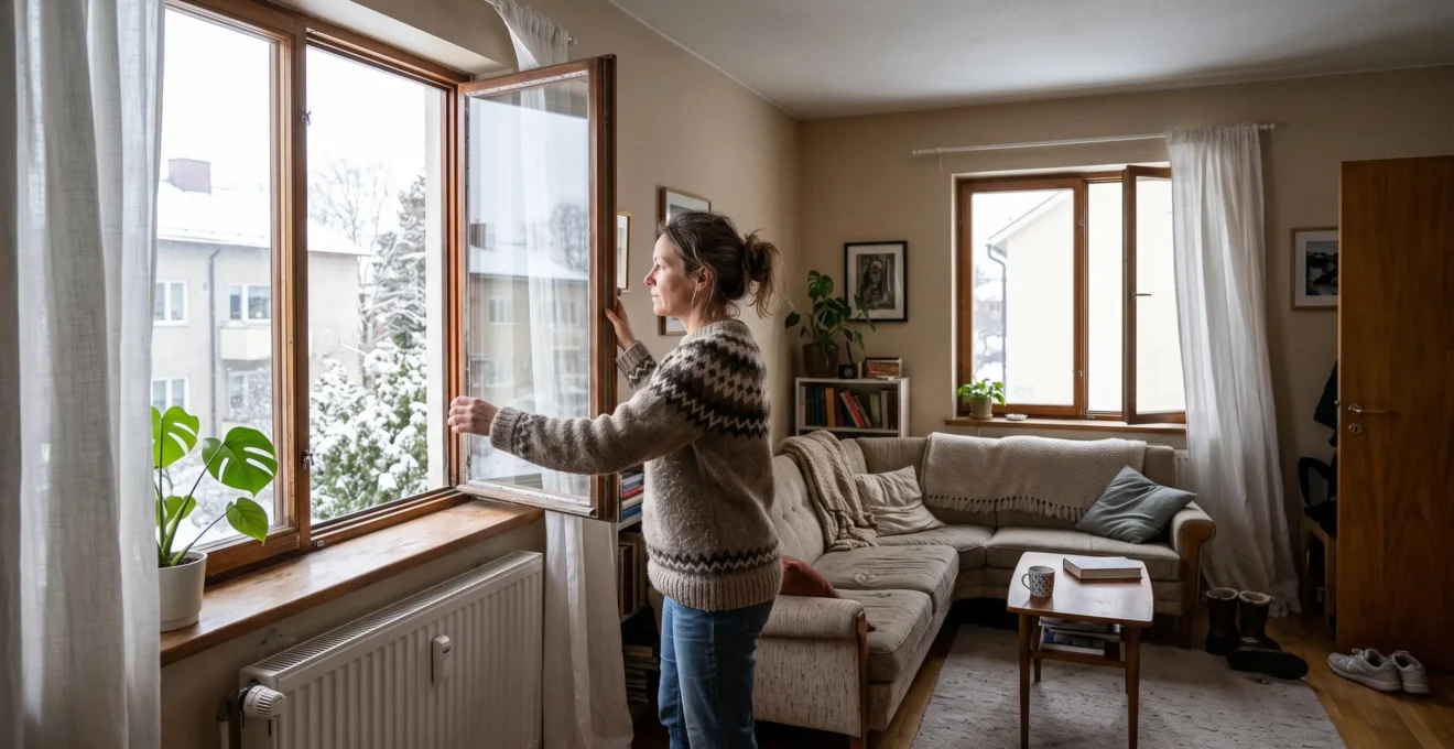 Une femme ouvre en grand une fenêtre de son salon en hiver, une seconde fenêtre ouverte à l'opposé créant une aération traversante, le radiateur baissé à côté d'elle.