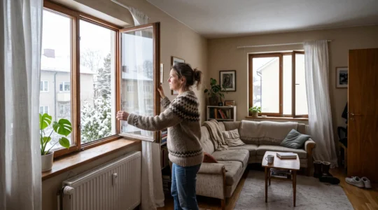 Une femme ouvre en grand une fenêtre de son salon en hiver, une seconde fenêtre ouverte à l'opposé créant une aération traversante, le radiateur baissé à côté d'elle.