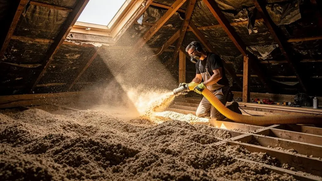 Un artisan souffle un isolant en vrac sur le plancher de combles perdus sous une toiture en tuiles, à la lumière du jour.