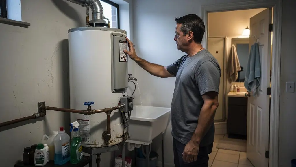 Un homme examine un ballon d'eau chaude électrique dans un local technique domestique au matin, près d'une salle de bain.