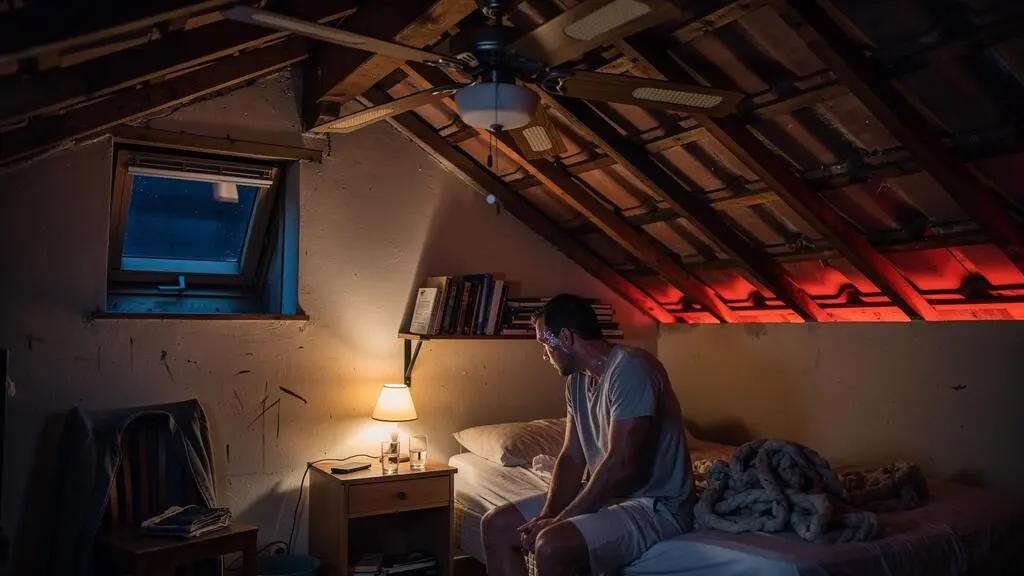 Une chambre aménagée sous les combles le soir, avec un ventilateur de plafond en fonctionnement et un homme assis au bord du lit dans une atmosphère chaleureuse.