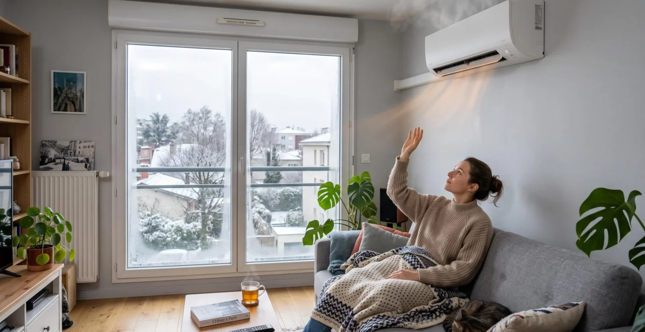 Une femme tend la main vers l'air soufflé par une climatisation réversible en mode chauffage dans un salon en hiver.