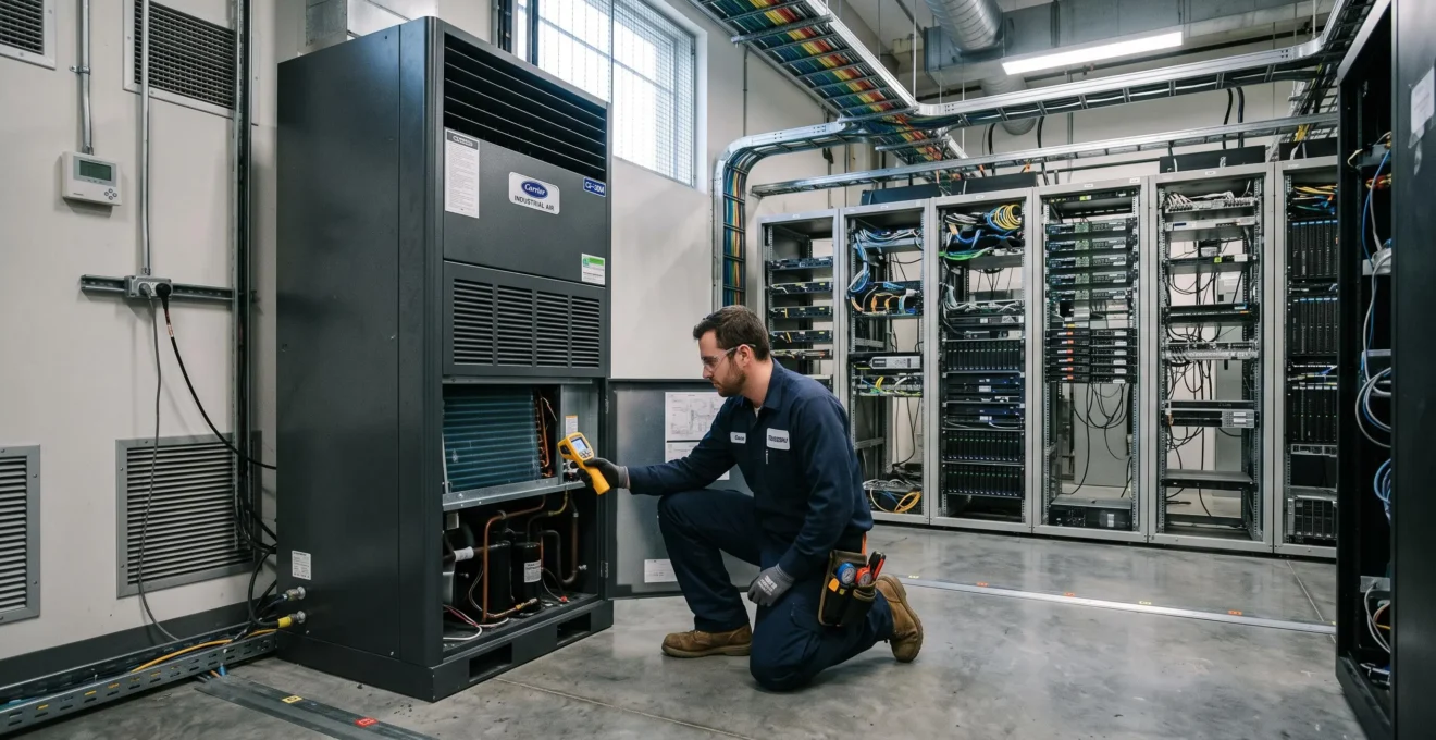 Un technicien contrôle un climatiseur armoire dans un grand local technique.