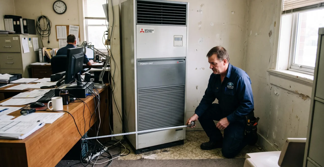 Un gestionnaire mesure l'espace réduit autour d'un climatiseur armoire dans un petit bureau.