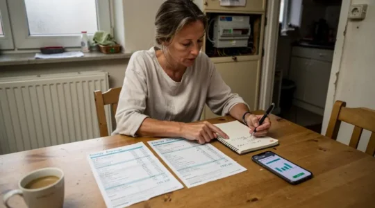 Une femme compare plusieurs factures d'énergie posées côte à côte sur la table de sa cuisine et note des calculs dans un carnet.