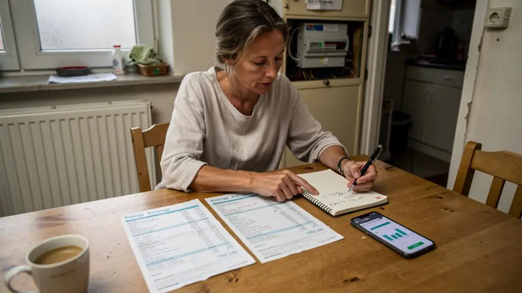 Une femme compare plusieurs factures d'énergie posées côte à côte sur la table de sa cuisine et note des calculs dans un carnet.