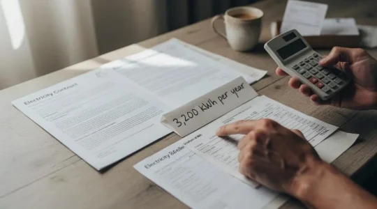 Une personne compare deux contrats d'électricité sur une table avec une facture, une calculatrice et un bloc-notes, en calculant un coût annuel.