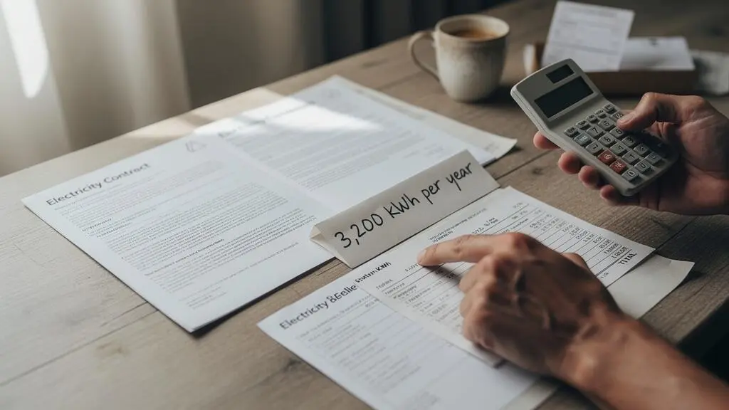 Une personne compare deux contrats d'électricité sur une table avec une facture, une calculatrice et un bloc-notes, en calculant un coût annuel.