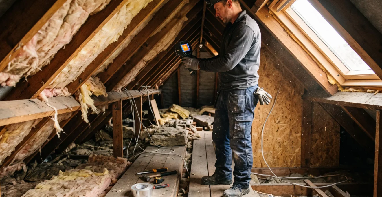 Un ouvrier dans des combles utilise une caméra thermique pour repérer les zones de chaleur près de la toiture isolée.
