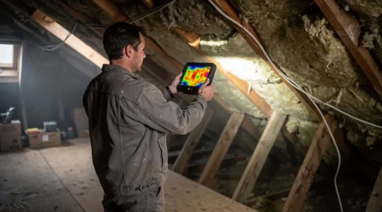 Un diagnostiqueur examine l'isolation des combles d'une maison avec une caméra thermique dont l'écran affiche les zones de déperdition de chaleur.