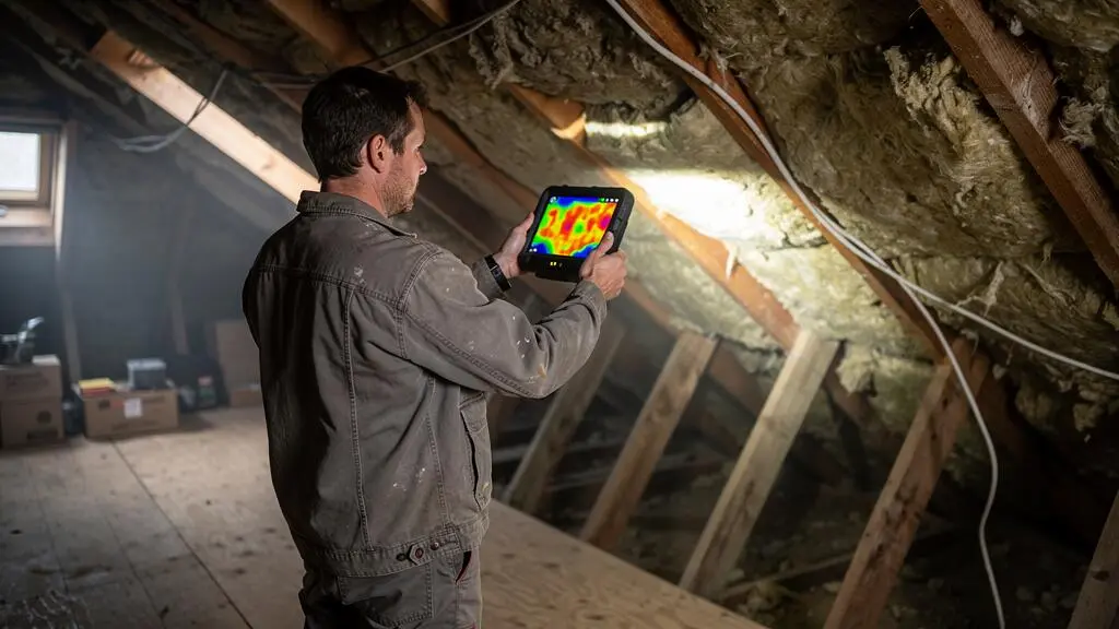 Un diagnostiqueur examine l'isolation des combles d'une maison avec une caméra thermique dont l'écran affiche les zones de déperdition de chaleur.