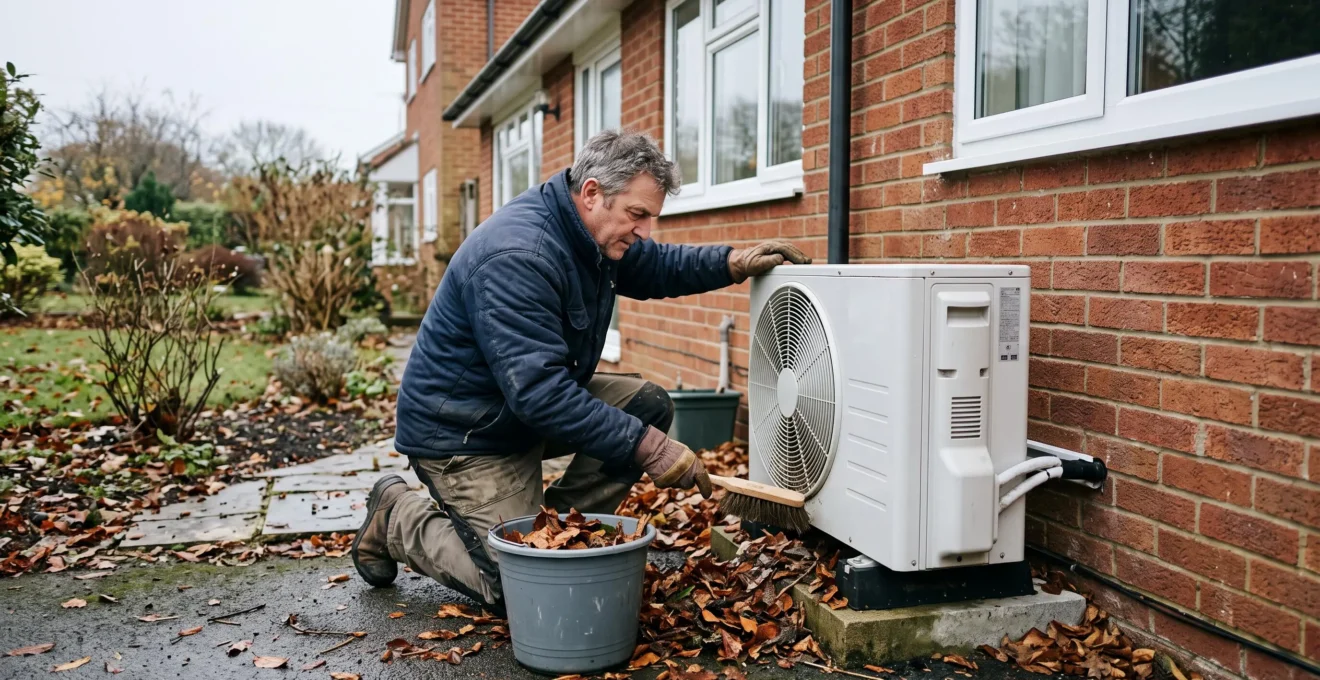 Un propriétaire agenouillé retire les feuilles et poussières accumulées autour de l'unité extérieure de sa pompe à chaleur dans un jardin en automne.