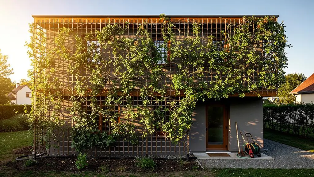 Façade d'une maison entièrement ombragée par un mur de plantes grimpantes palissées sur un treillis éloigné du mur, en plein soleil d'été.