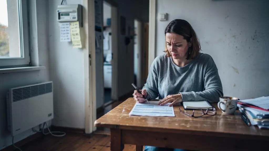 Une femme compare sa facture d'électricité avec ses relevés de compteur notés sur un carnet, dans le salon de son petit appartement.