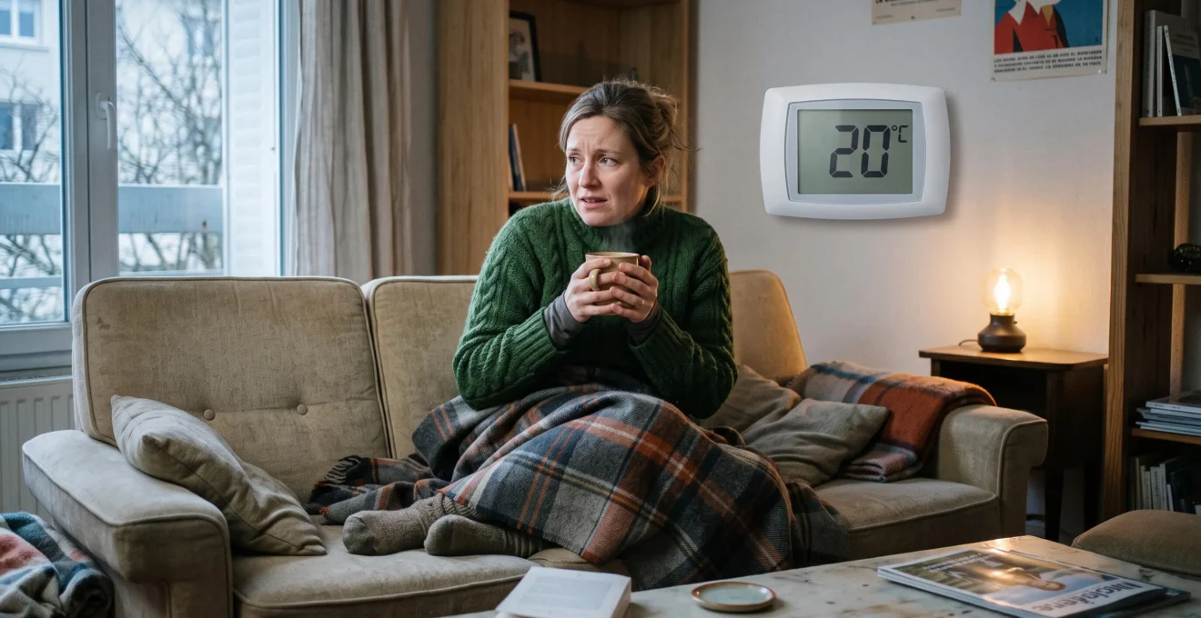 Une femme assise sous une couverture sur un canapé frissonne près d'une fenêtre froide alors que le thermostat affiche 20 degrés.