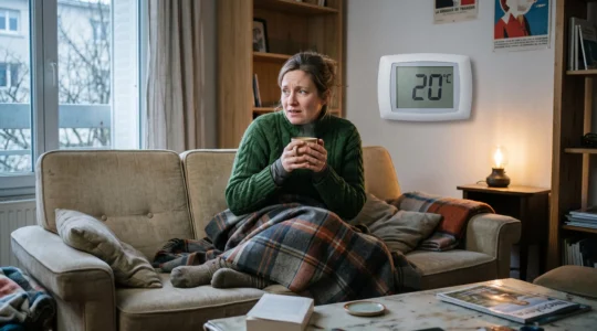Une femme assise sous une couverture sur un canapé frissonne près d'une fenêtre froide alors que le thermostat affiche 20 degrés.