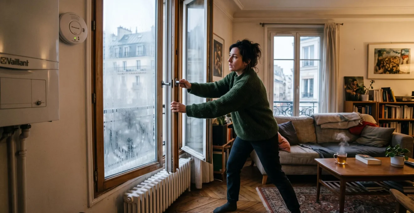 Une femme ouvre en grand la fenêtre de son salon chauffé en hiver, avec condensation sur la vitre et chaudière gaz visible.