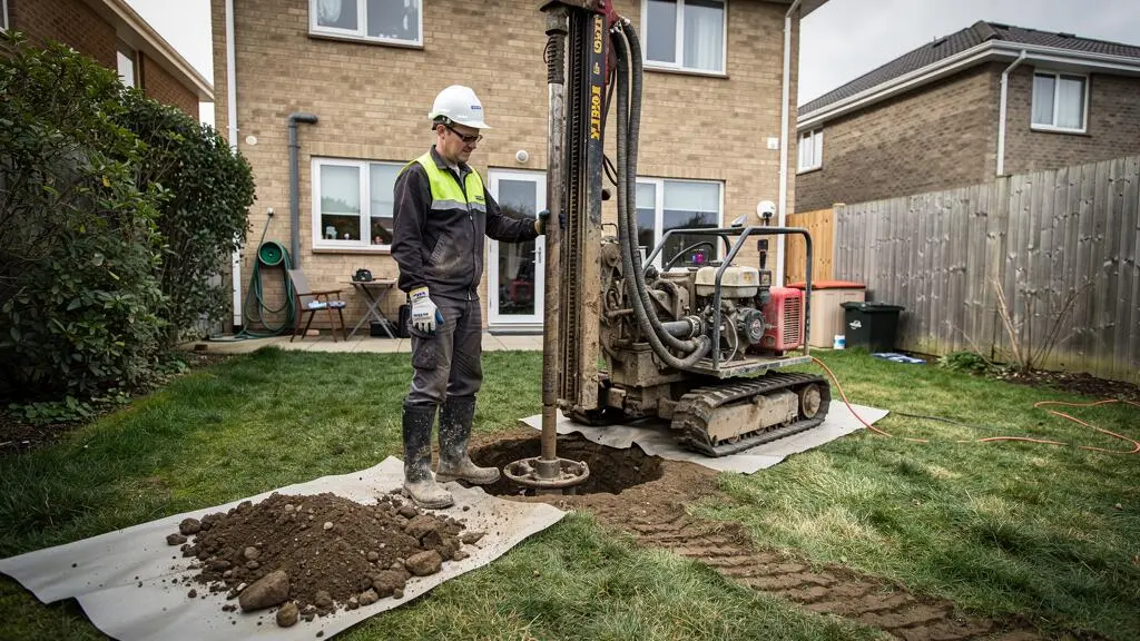 Un foreur surveille une foreuse installée dans le jardin d'une maison pour forer une sonde géothermique verticale.