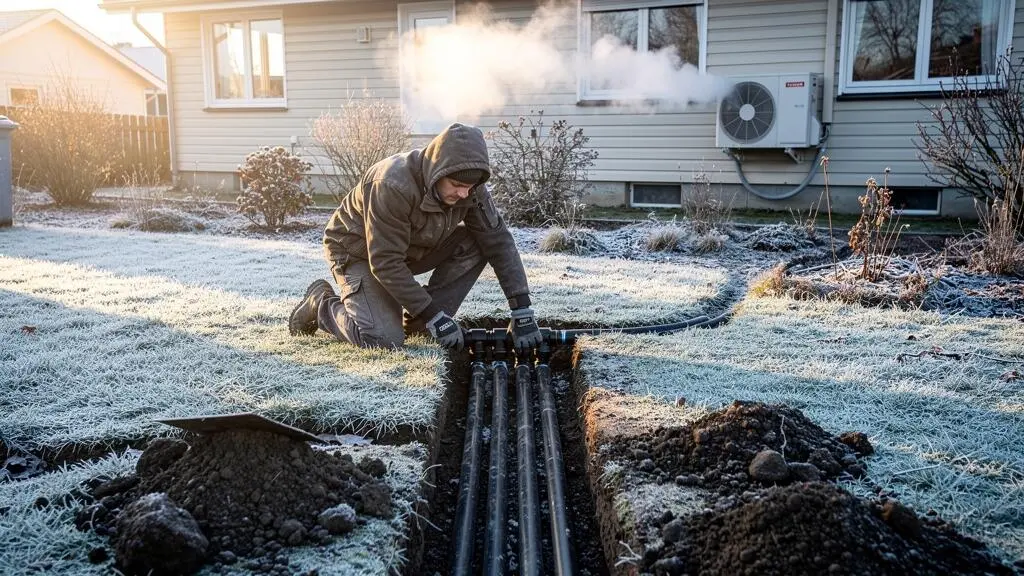 Un technicien installe un capteur géothermique horizontal dans une tranchée d'un jardin givré en hiver, devant une maison équipée d'une pompe à chaleur