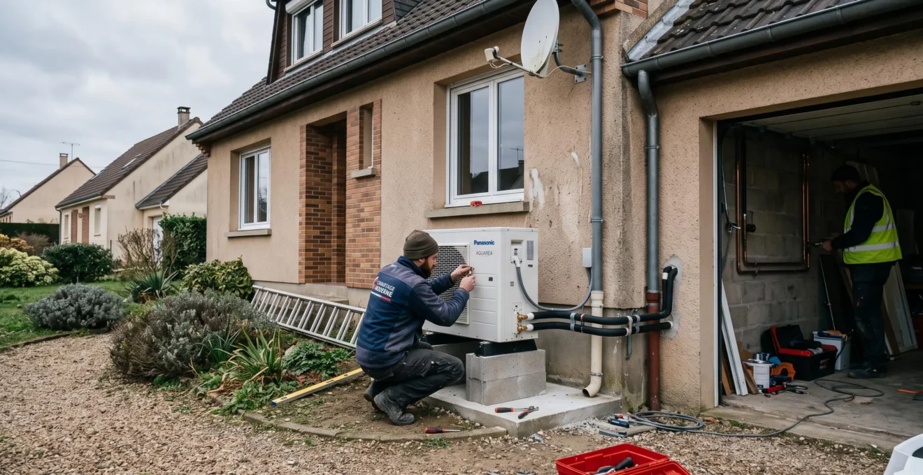 Un installateur fixe une unité extérieure de pompe à chaleur contre la façade d'une maison des années 80 pendant des travaux de rénovation thermique.