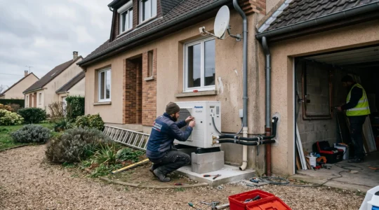 Un installateur fixe une unité extérieure de pompe à chaleur contre la façade d'une maison des années 80 pendant des travaux de rénovation thermique.