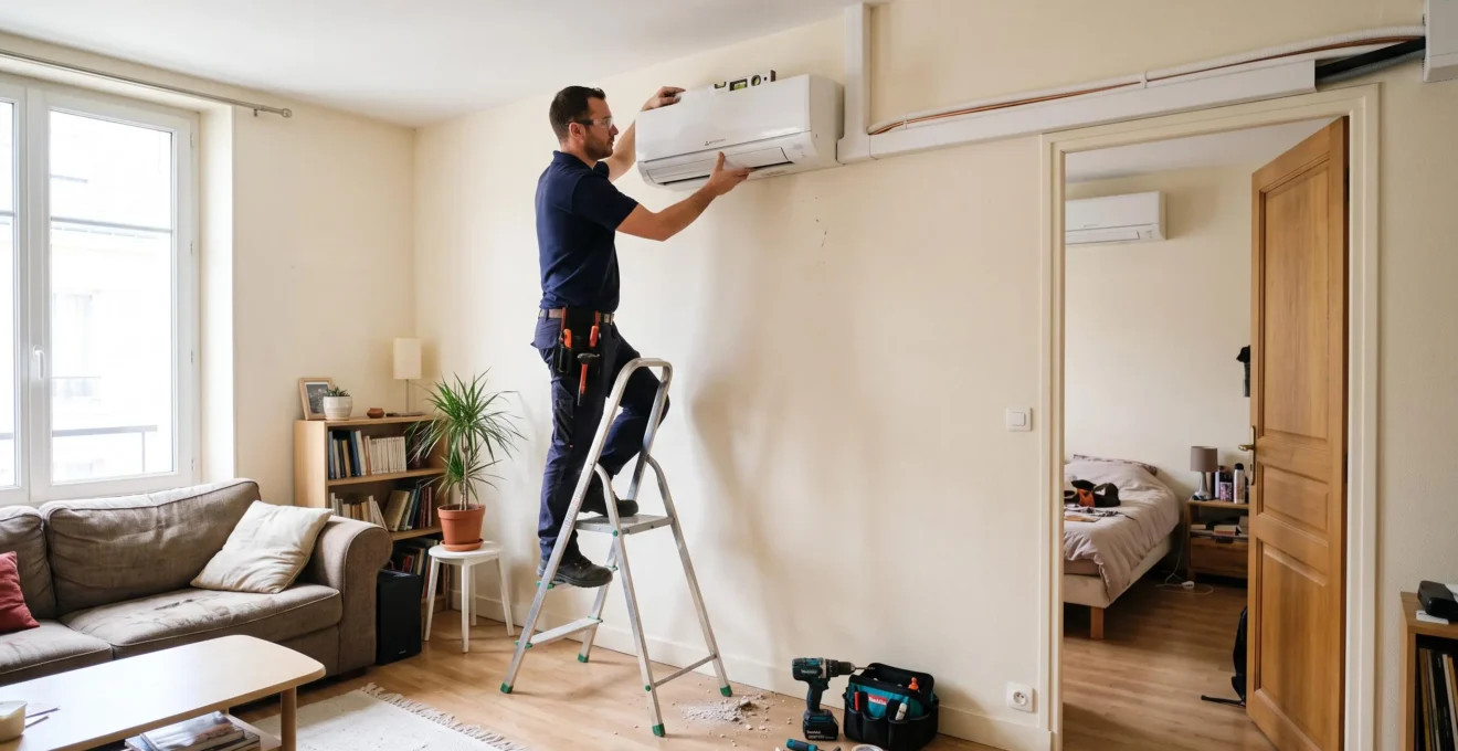 Un technicien fixe une unité intérieure de pompe à chaleur air-air au mur du séjour d'un appartement tout en vérifiant son niveau.
