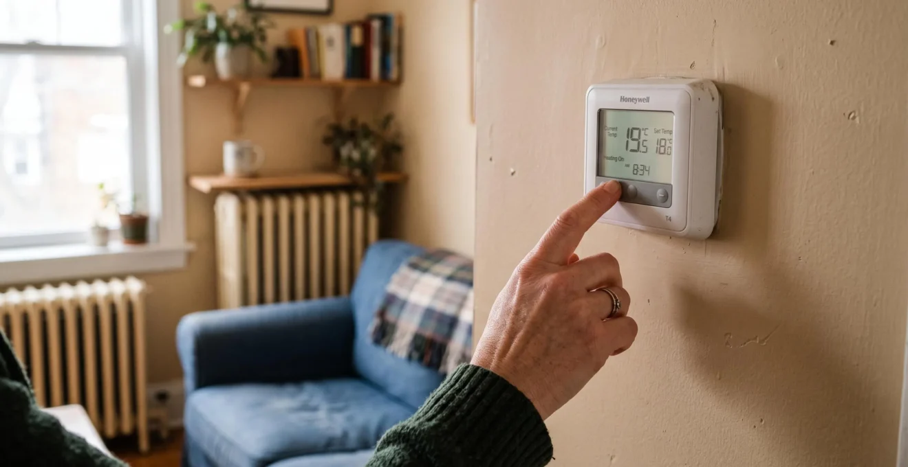 Une main ajuste la consigne d'un thermostat mural numérique dans un salon pendant un matin d'hiver.