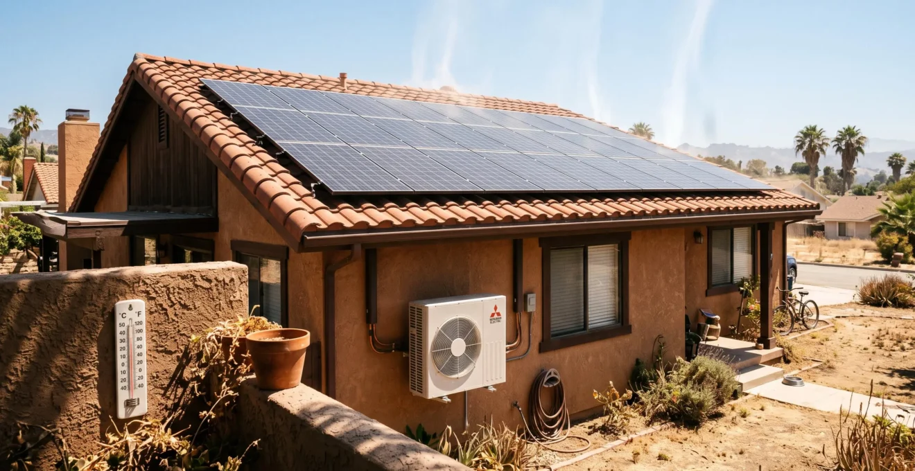 Une maison équipée de panneaux solaires sur le toit sous un soleil de plein été, avec un module extérieur de climatisation sur la façade.