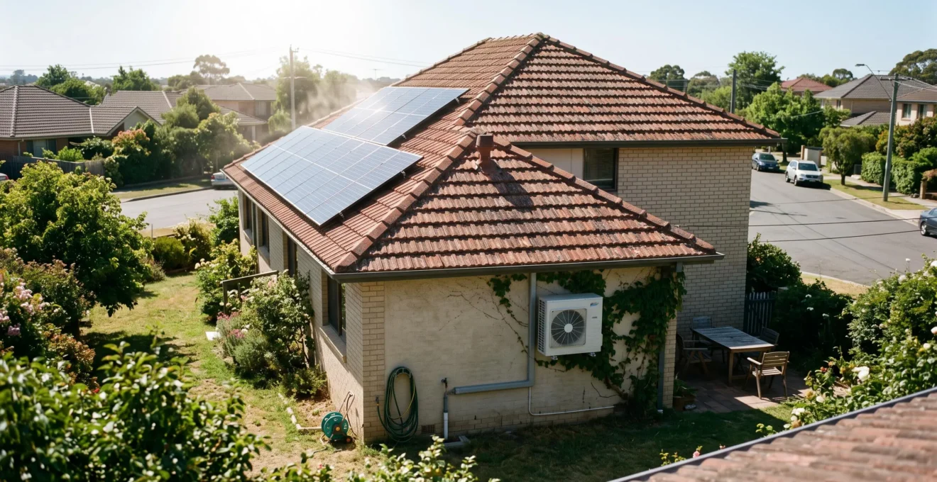 Une maison équipée de panneaux solaires sur le toit et d'une unité extérieure de climatisation, en plein soleil d'un après-midi d'été.