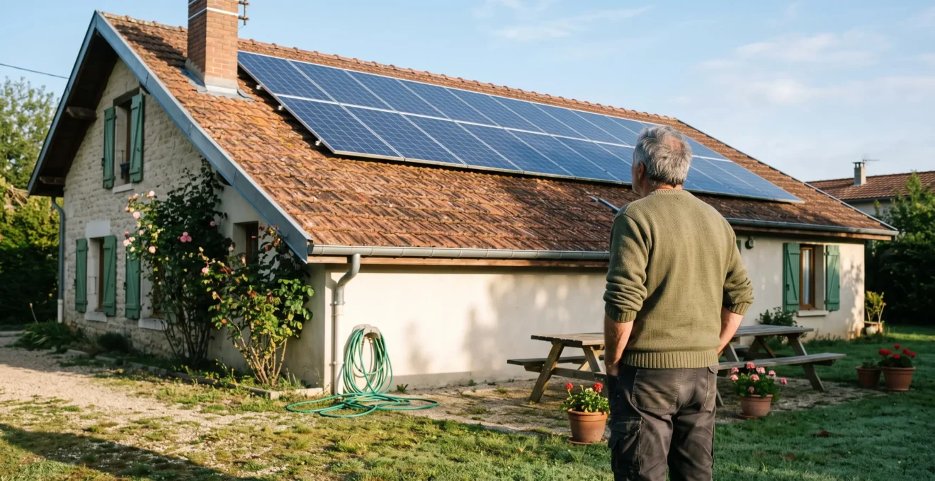Une maison équipée de panneaux solaires photovoltaïques sur le toit, observée depuis le jardin par son propriétaire en lumière du matin.