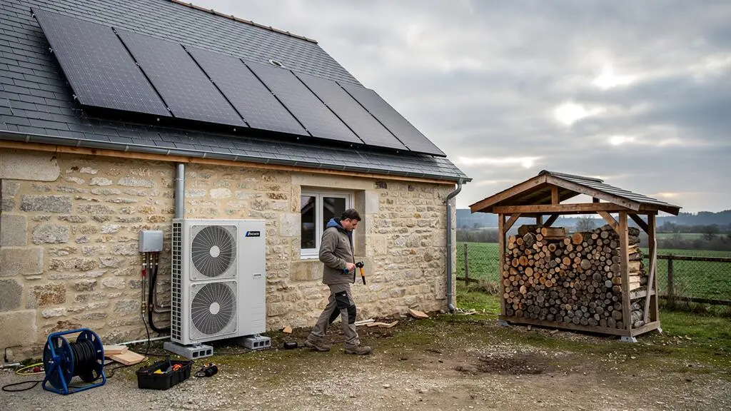 Une maison rurale équipée de panneaux solaires sur le toit, d'une pompe à chaleur extérieure et d'un stockage de bois de chauffage, avec un technicien en intervention dans la cour.