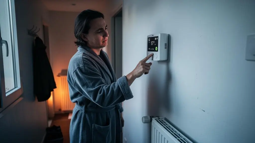 Une personne en peignoir ajuste un thermostat mural programmé dans un couloir frais tôt le matin.