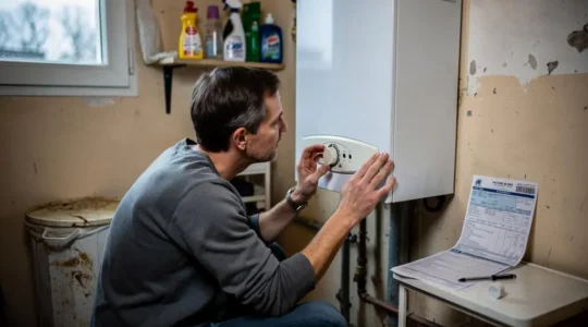Une personne ajuste le réglage d'une chaudière à gaz murale dans une buanderie, avec une facture de gaz posée sur une étagère à proximité.